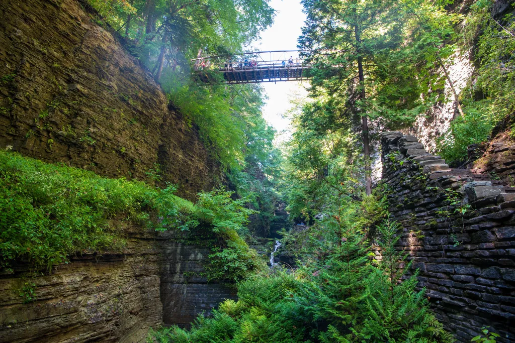 Suspension bridge crossing a gorge at Watkins Glen State Park, New York.