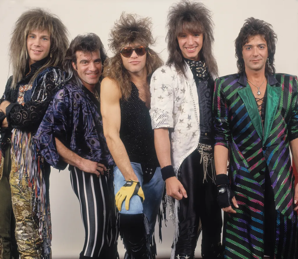 Portrait of American rock band Bon Jovi backstage in 1987.
