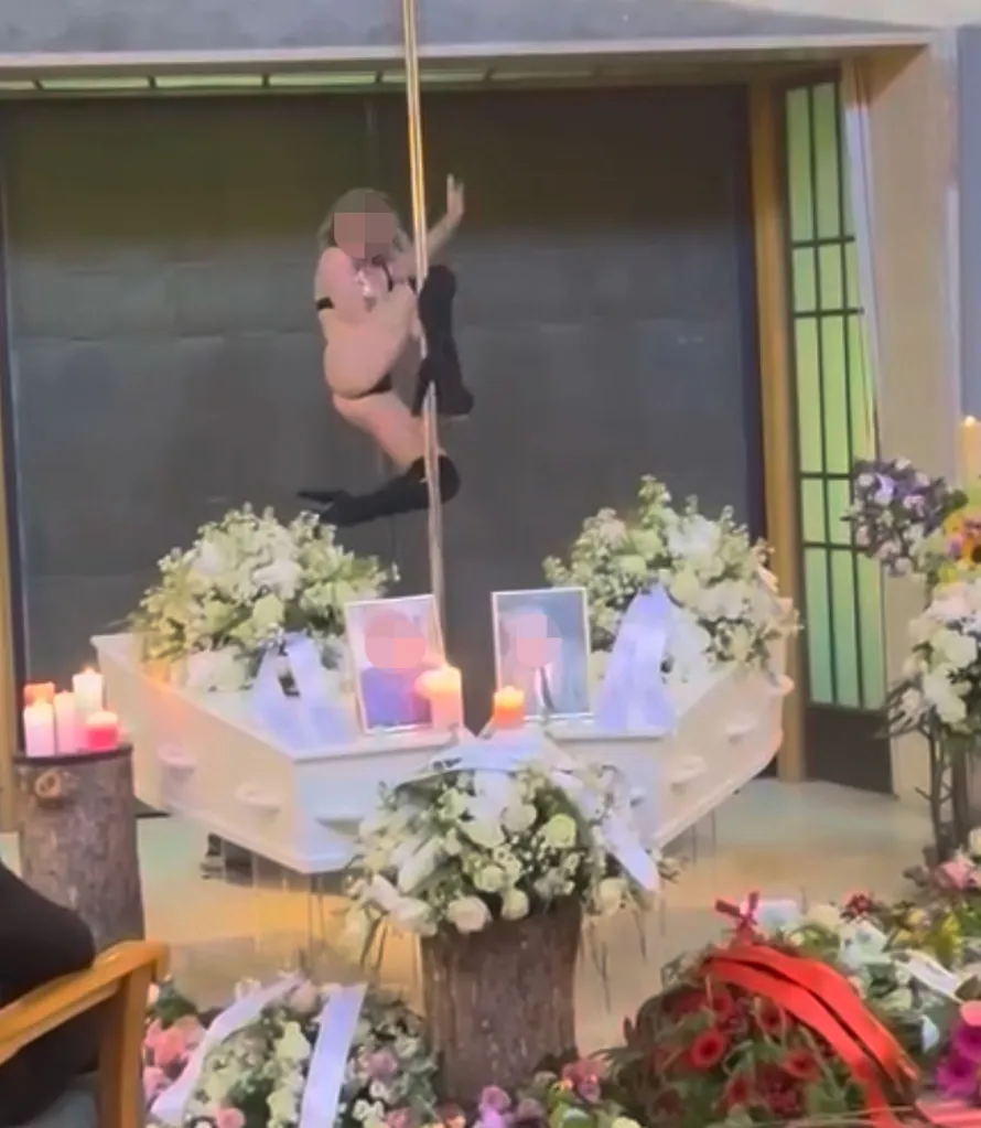 A pole dancer performs at a funeral for an exhumed nightclub boss.