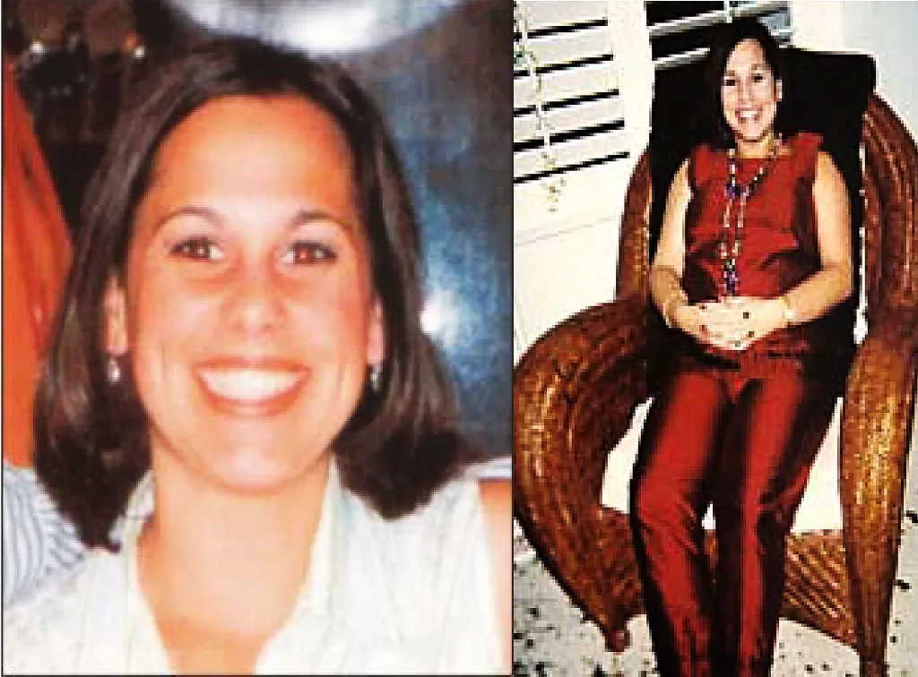 Collage of two photos of Laci Peterson: a smiling headshot and a full-body shot of her sitting in a wicker chair, visibly pregnant.