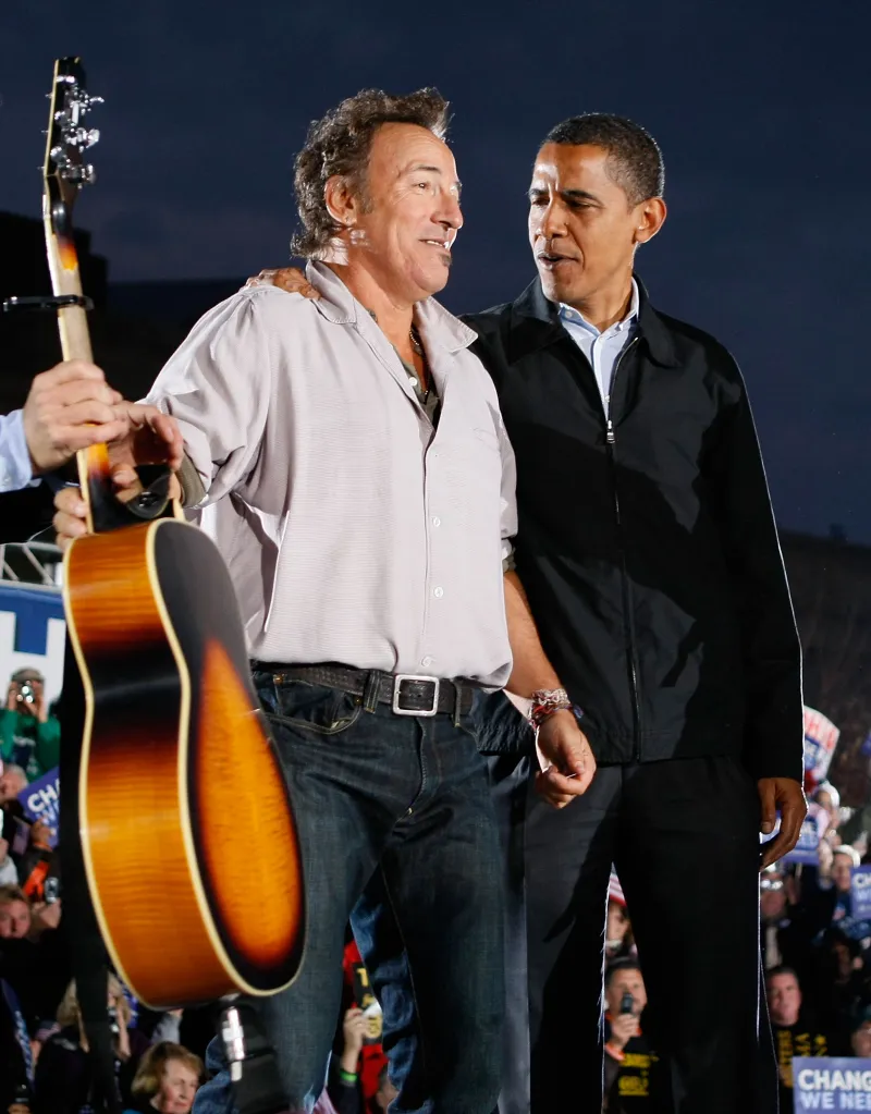 Democratic presidential nominee Barack Obama and singer Bruce Springsteen at a campaign rally in Cleveland, Ohio.