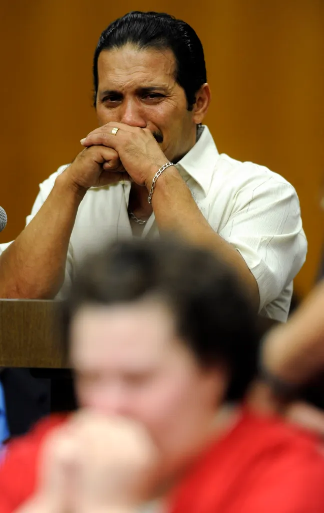 Sandra Cantu's father, Daniel Cantu, reacts with tears at the sentencing of Melissa Huckaby.