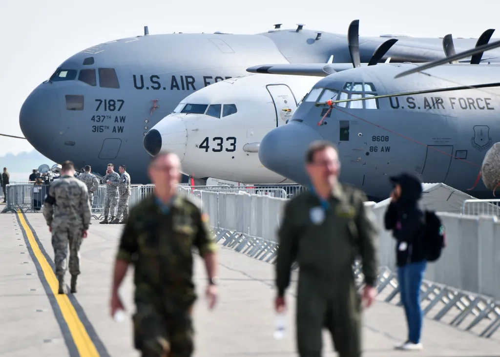 Military planes from the US Air Force at the International Aerospace Exhibition (ILA) in Schönefeld, Germany.