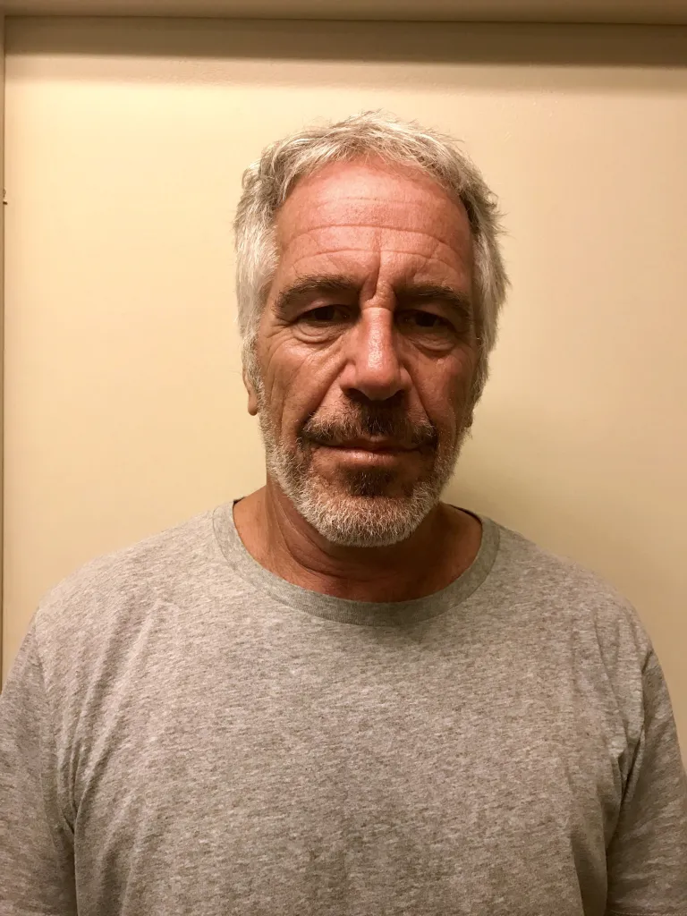 Headshot of Jeffrey Epstein, a white man with graying hair and beard, wearing a gray t-shirt.