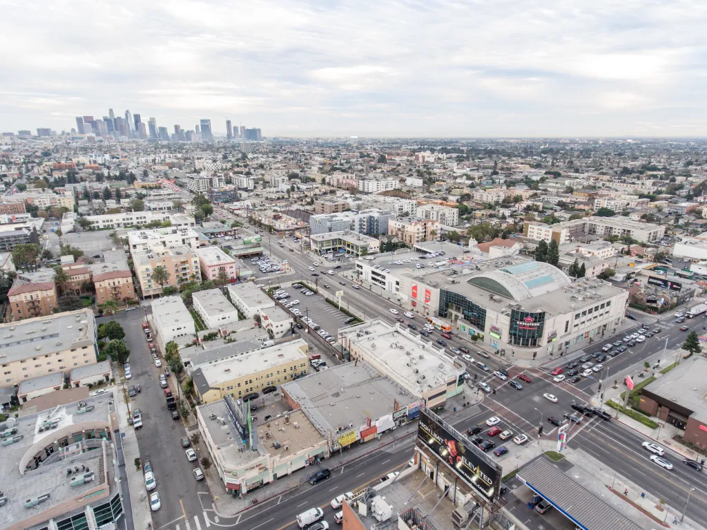 Aerial photo of Koreatown, Los Angeles, with Galleria Market and Koreatown Plaza Market visible.