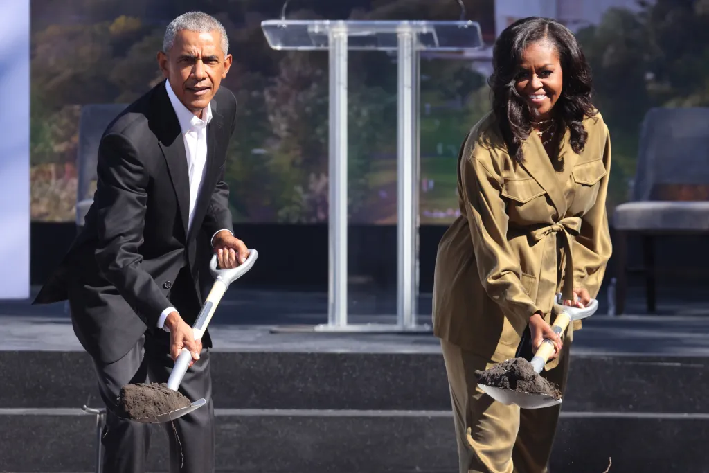 Former President Barack Obama and former First Lady Michelle Obama breaking ground at the Obama Presidential Center.