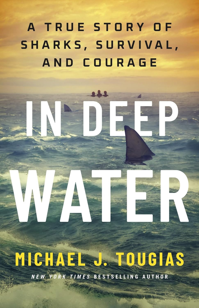 Cover of "In Deep Water" featuring three people in the ocean with shark fins nearby, under an orange sky.