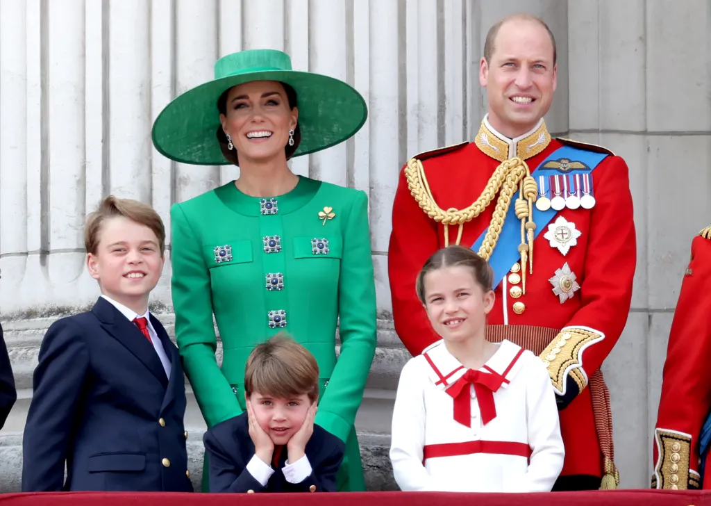 Prince William and Catherine, Princess of Wales, with their three children on the Buckingham Palace balcony during Trooping the Colour.