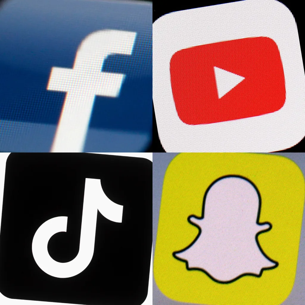 Collage of the logos for Facebook, YouTube, TikTok, and Snapchat.