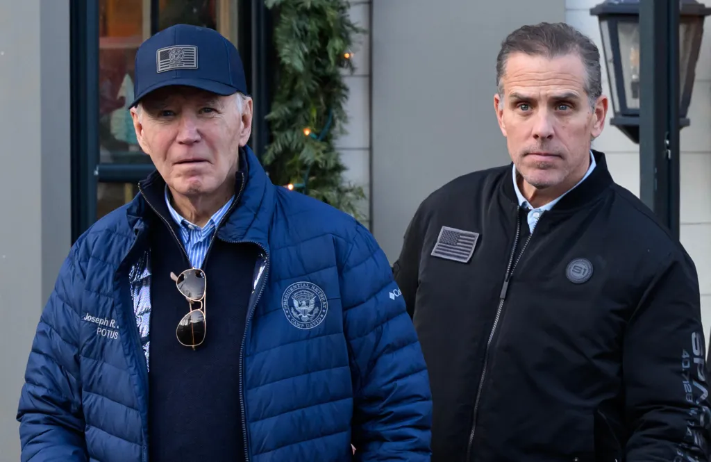 US President Joe Biden and son Hunter Biden step out of a bookstore in Nantucket, Massachusetts.