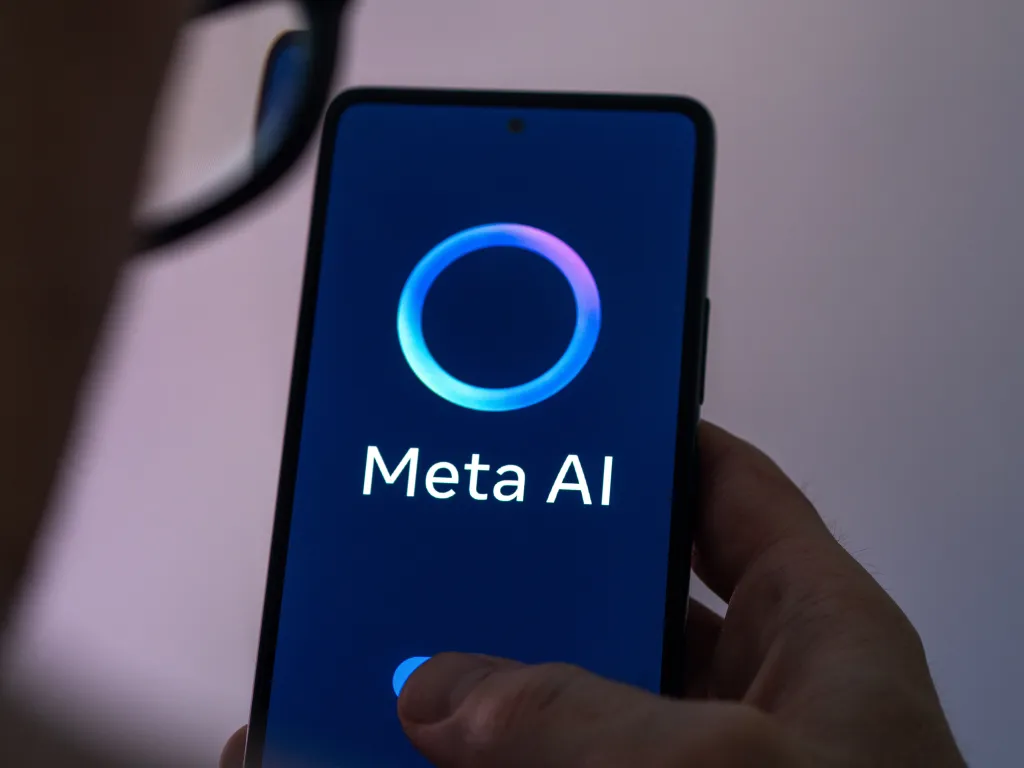 A person holding a phone displaying the Meta AI logo and text.
