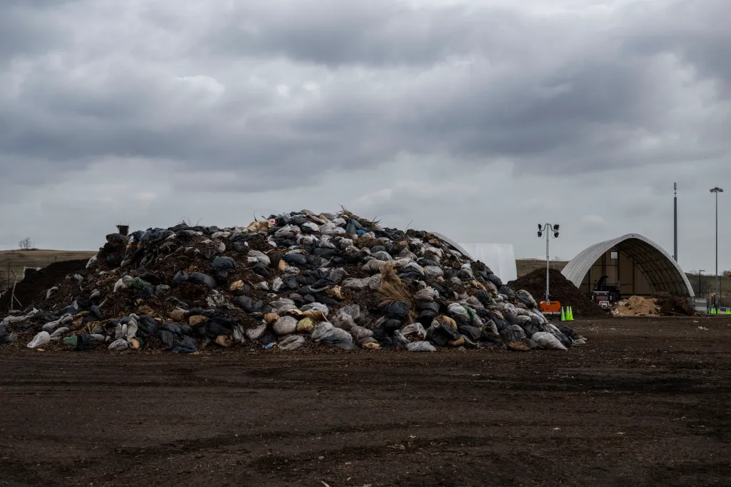 Piles of collected leaves and compost at the New York City Department of Sanitation Staten Island Compost Facility.