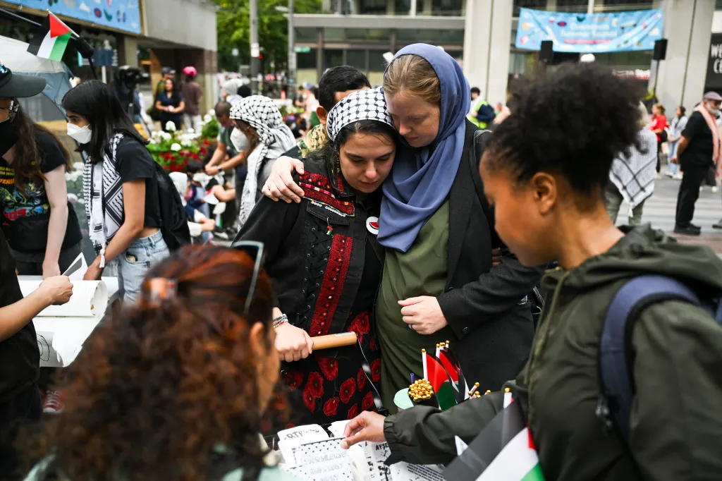 Melissa Chaudhry hugs a woman at a pro-Palestinian protest in Washington State on Sept. 8, 2024.