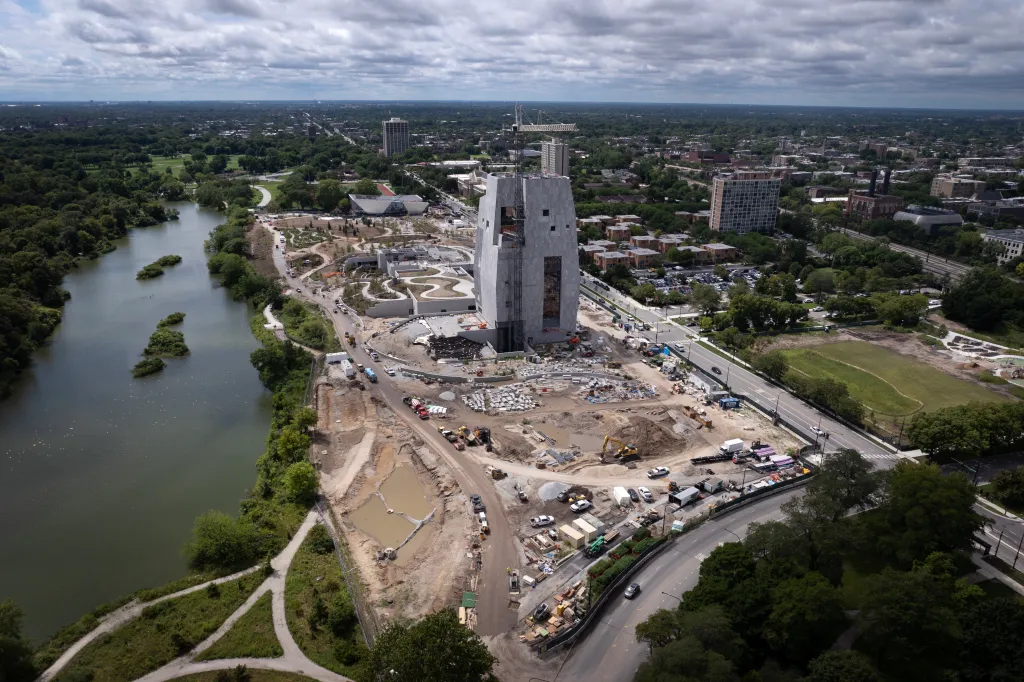 Aerial view of construction underway at The Barack Obama Presidential Center in Chicago, Illinois.
