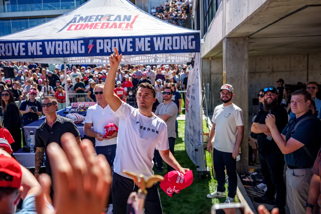 Turning Point USA founder Charlie Kirk at Utah Valley University shortly before being killed.