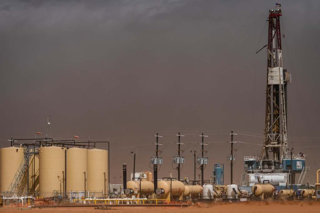 Exxon Mobil Corp. oil drilling rig in the Permian Basin near Stanton, Texas.