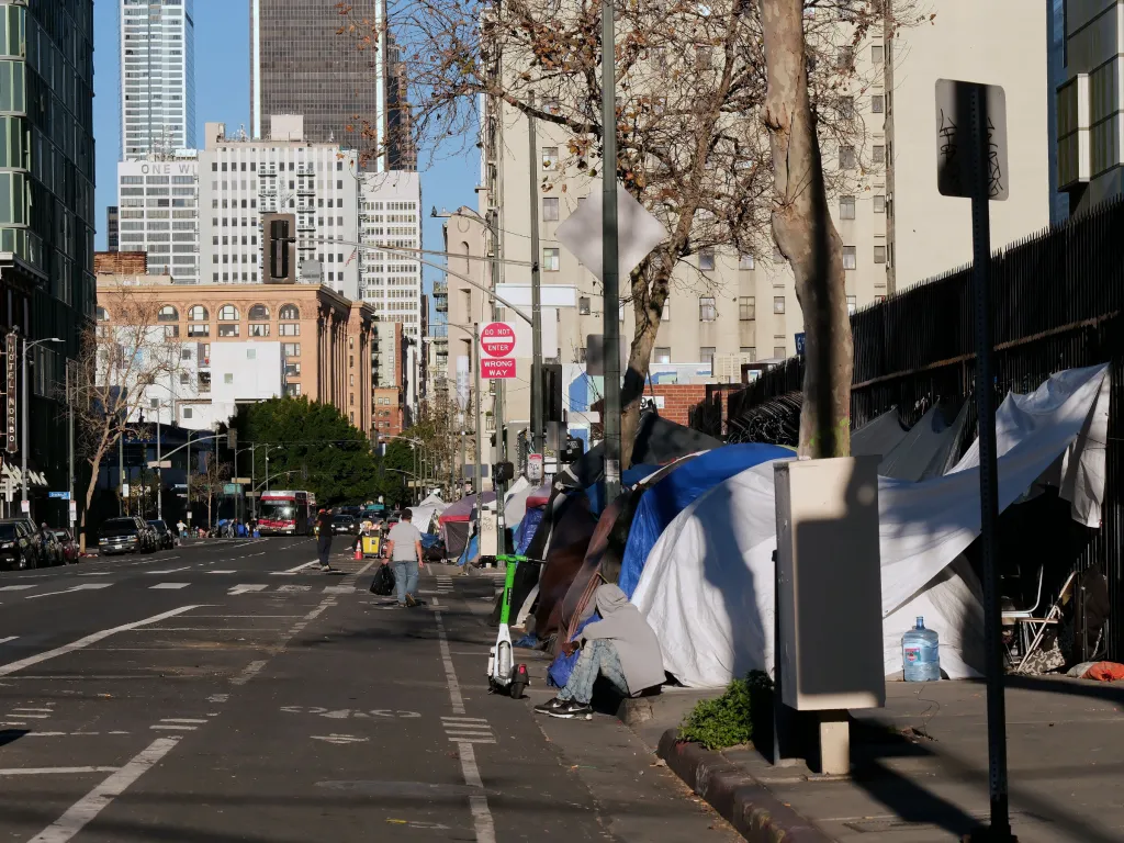 Homeless encampment on Skid Row in Downtown Los Angeles.