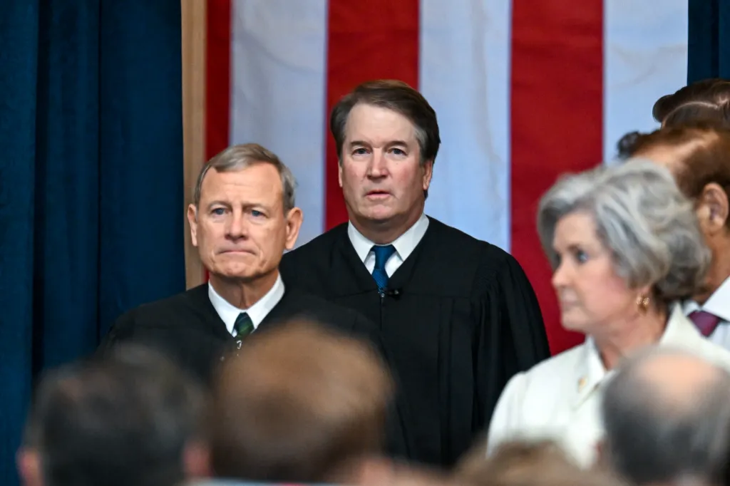 Supreme Court Chief Justice John Roberts and Associate Justice Brett Kavanaugh arrive for the inauguration of President Donald Trump on Jan. 20, 2025.