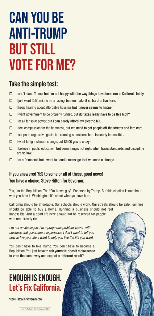 Political advertisement featuring a large illustration of Steve Hilton alongside text questioning if one can be anti-Trump but still vote for him, followed by a list of issues and the slogan