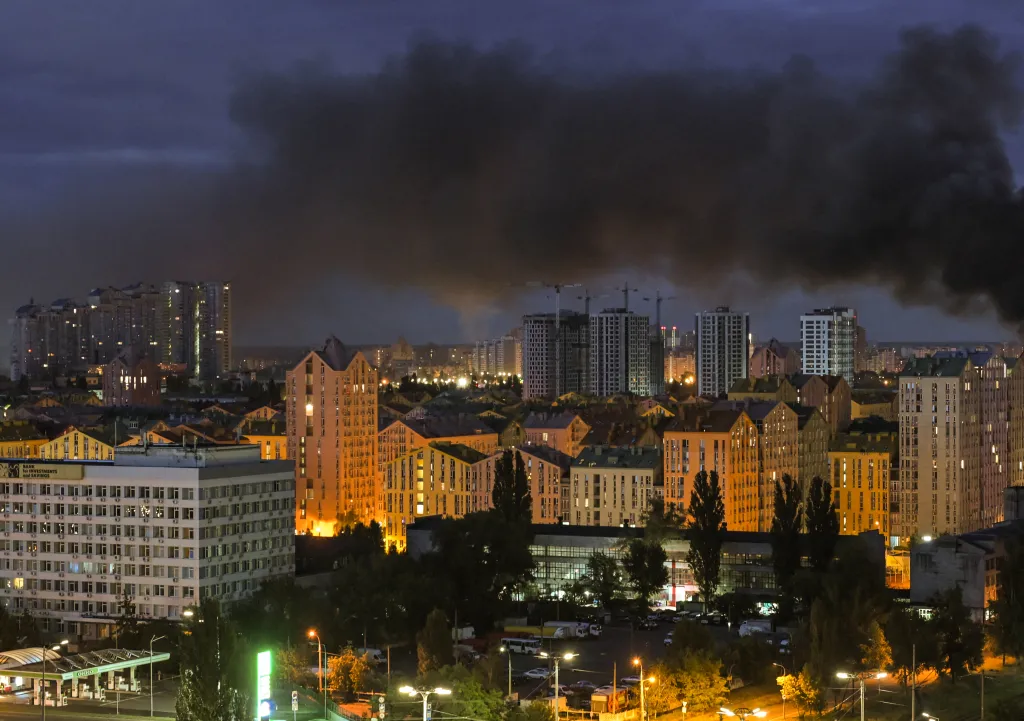 Smoke rising above Kyiv after Russian missile strikes.