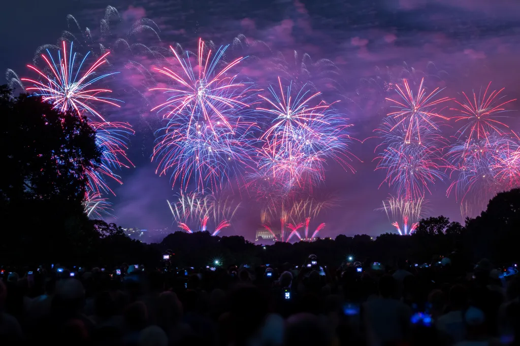 Fireworks explode over the Washington Monument during the U.S. 250th-anniversary celebration.
