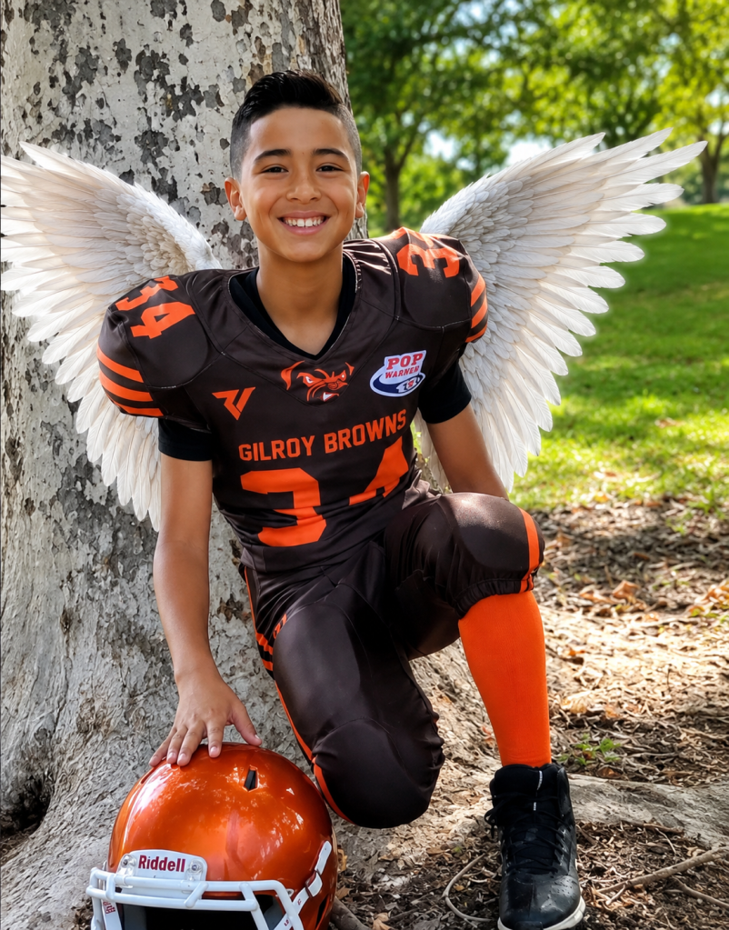 Aziel Zacapala wearing a football uniform with angel wings edited onto his back.