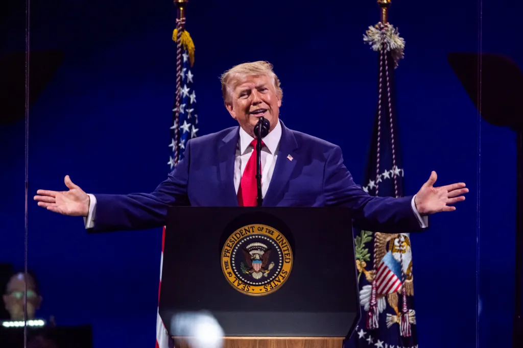 President Donald Trump speaks at the "Salute to America" Independence Day celebration on the National Mall on July 4, 2026.