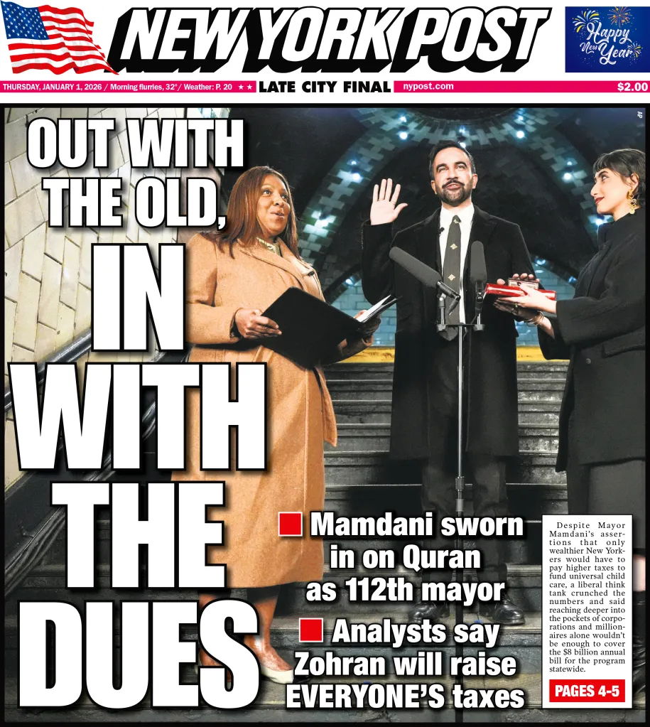Front page of the New York Post with a headline "Out with the old, in with the dues", showing Mamdani being sworn in as the 112th mayor.