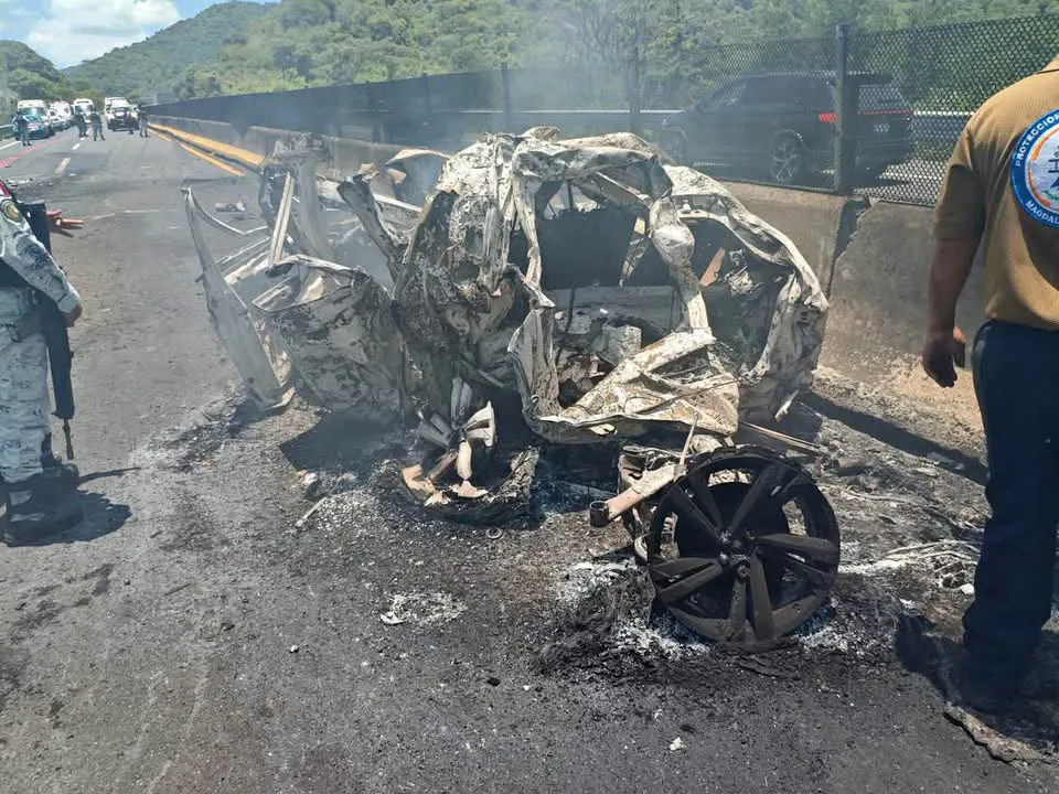 A vehicle was left charred and mangled following a massive multi-vehicle pileup in Jalisco, Mexico, on Sunday.