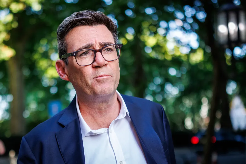 Labour MP Andy Burnham leaves Millbank studios after speaking on LBC's Andrew Marr show on July 2, 2026 in London, England.