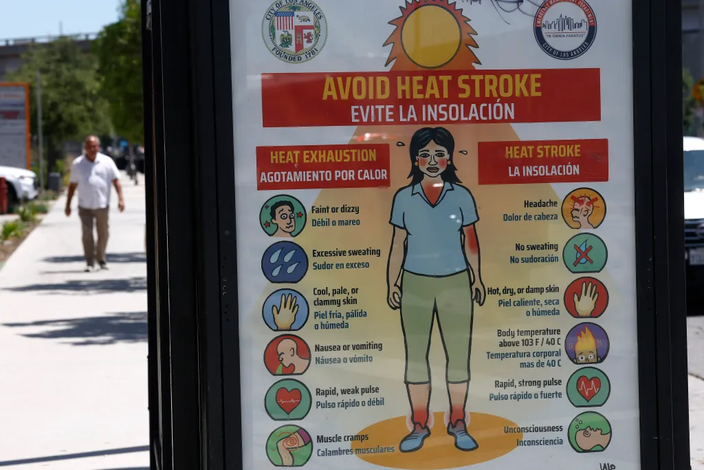 A bilingual English and Spanish informational poster illustrating the symptoms of heat exhaustion and heat stroke, with a man walking on a sidewalk in the background.
