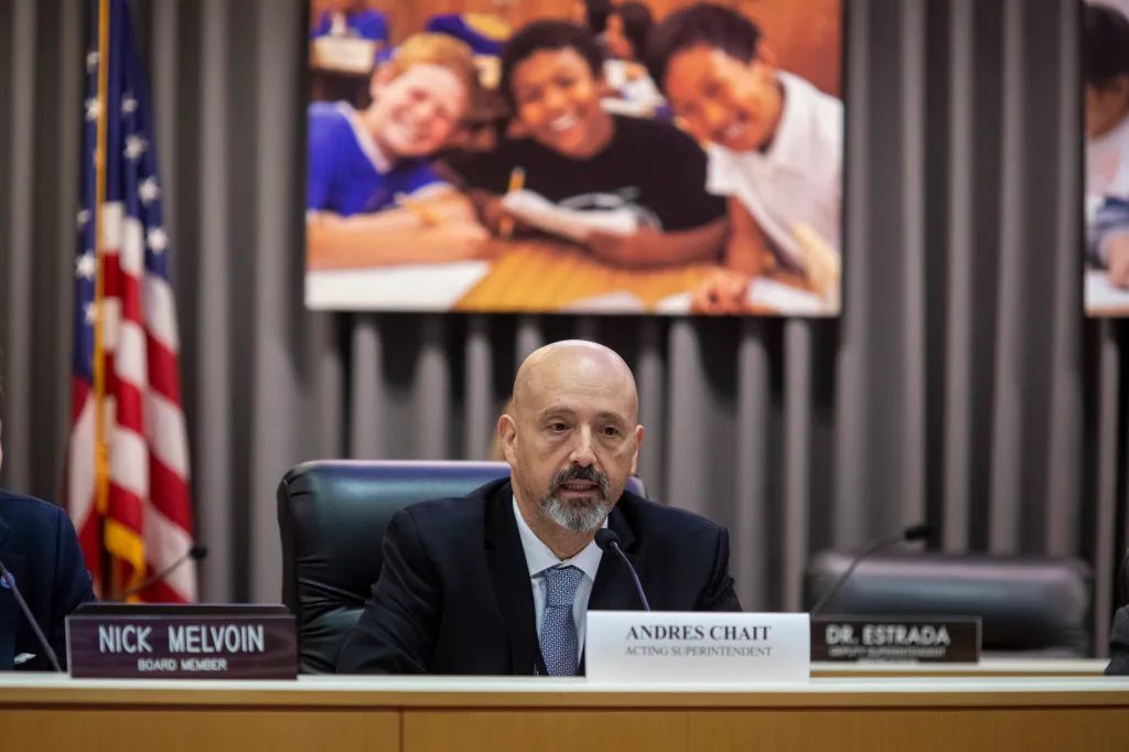 Andres Chait, Acting Superintendent of LAUSD, speaks at a special board meeting.