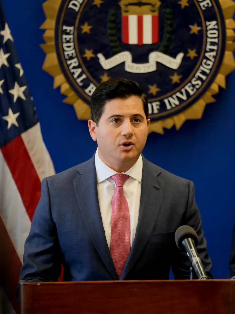 Bill Essayli, the first assistant United States attorney for the Central District of California, speaking at a press conference.