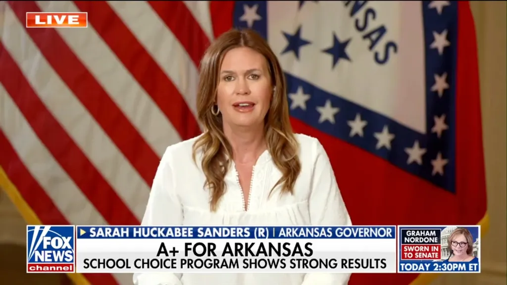 Arkansas Governor Sarah Huckabee Sanders discussing the success of the state's Education Freedom Accounts on Fox News.