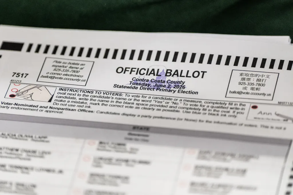 A close-up of an official ballot for the Contra Costa County Statewide Direct Primary Election on June 2, 2026.