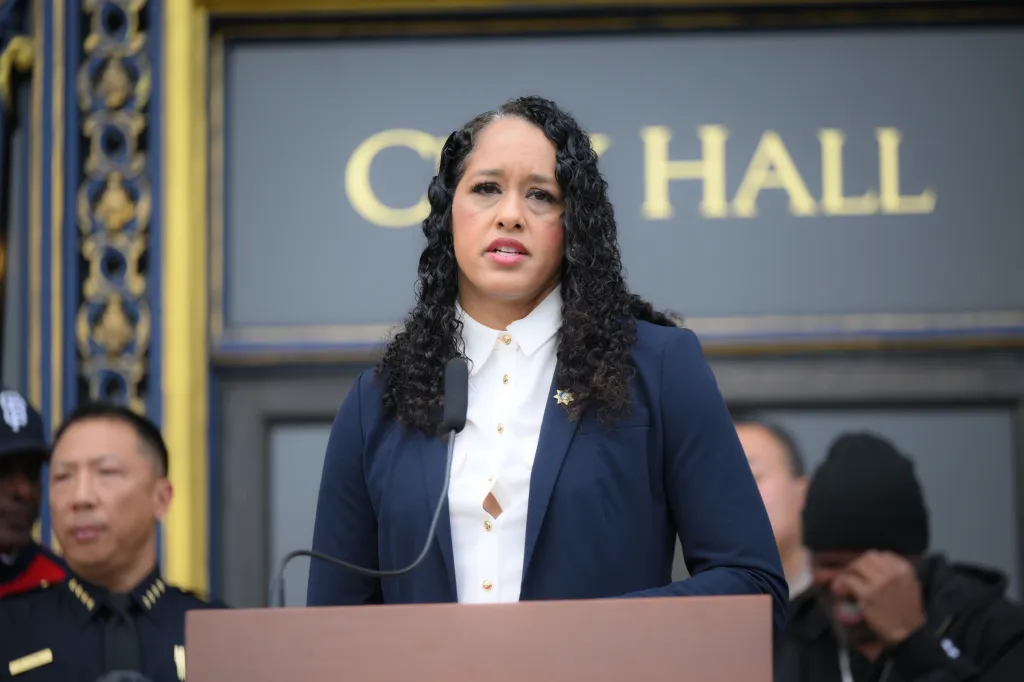 District Attorney Brooke Jenkins speaking at a public safety event.
