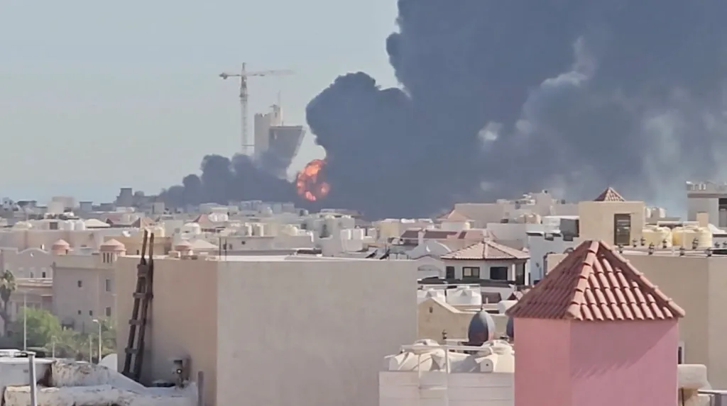 Smoke billows near the oil facility in Mangaf, Kuwait, July 18, 2026, in this screen grab obtained from a social media video.