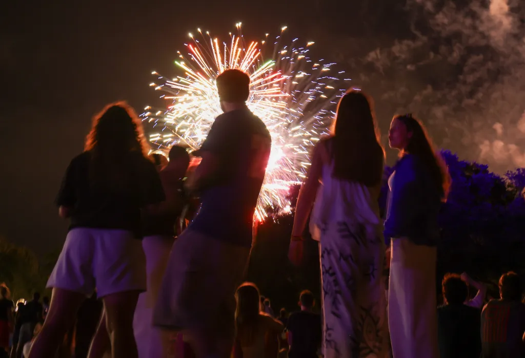 People watch fireworks at night.