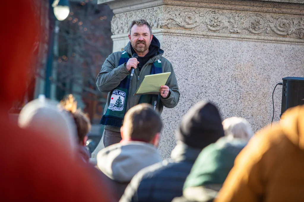Democrat Maine Candidate Graham Cunningham Platner speaks at an anti-war rally.