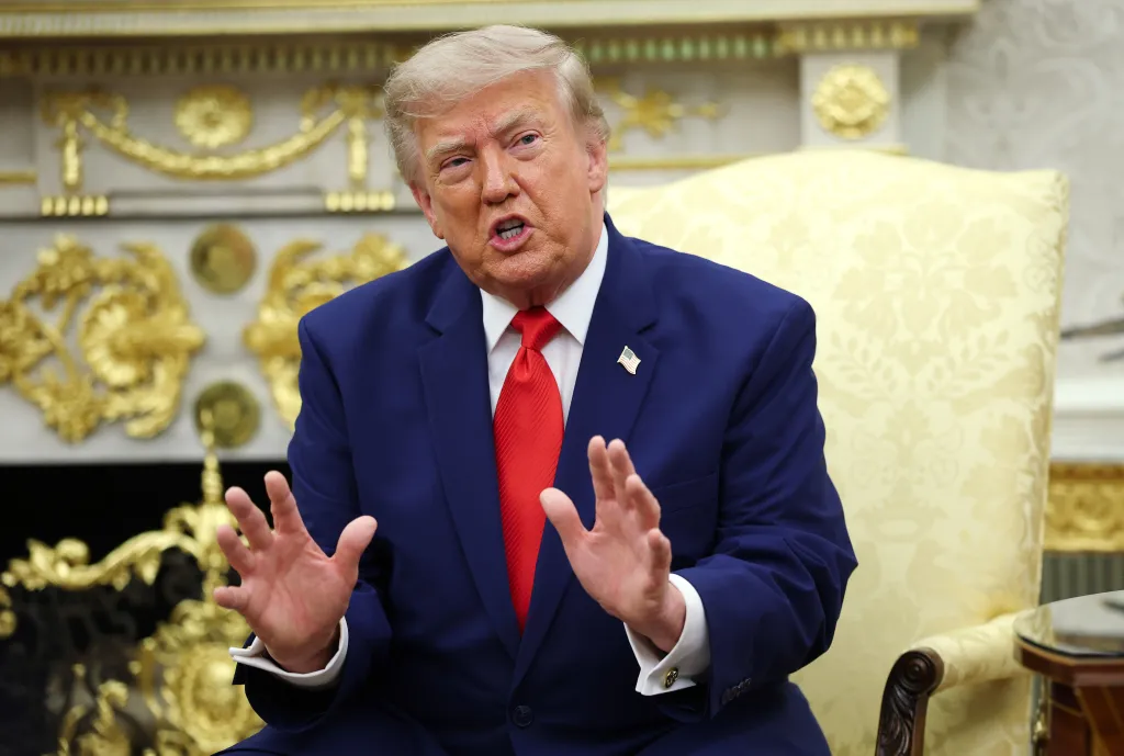 U.S. President Donald Trump speaks during a bilateral meeting with President of Lebanon Joseph Aoun in the Oval Office of the White House.