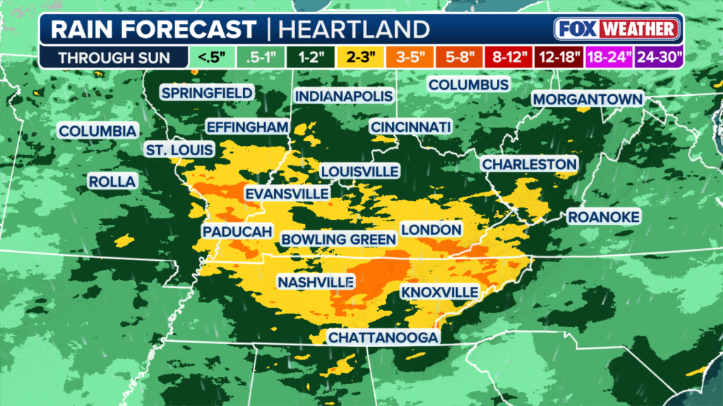 Illustration of a rain forecast map for the Heartland region, showing varying rain accumulation levels through Sunday, with the heaviest rainfall (3-5 inches, represented in orange) concentrated over Kentucky and Tennessee, including cities like Bowling Green, Nashville, and Knoxville.