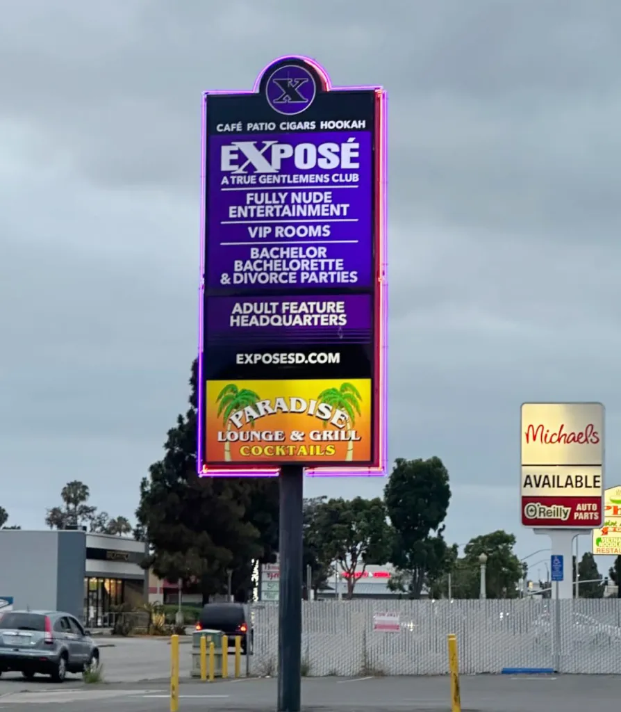 Sign for Expose Gentlemen's Club, Paradise Lounge & Grill, Michaels, and O'Reilly Auto Parts.