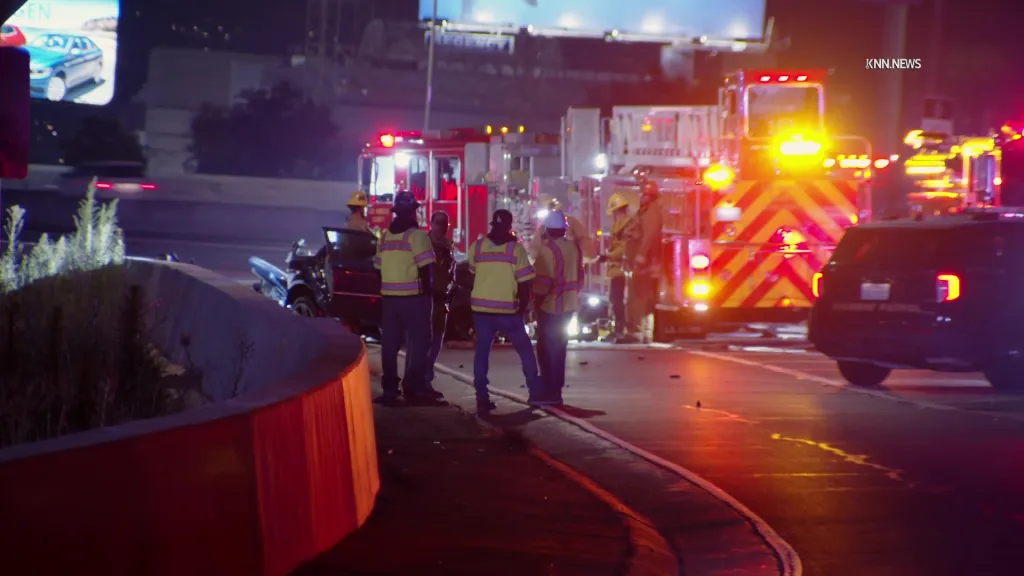 Emergency responders at a fiery multi-vehicle crash on the 405 Freeway.