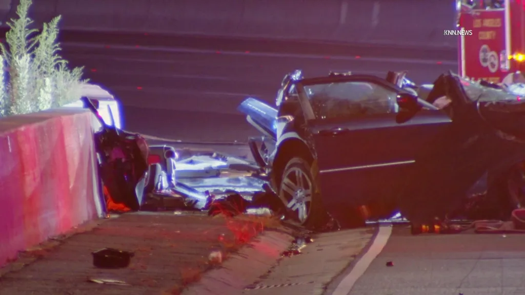 Wreckage of a multi-vehicle crash on the 405 Freeway.