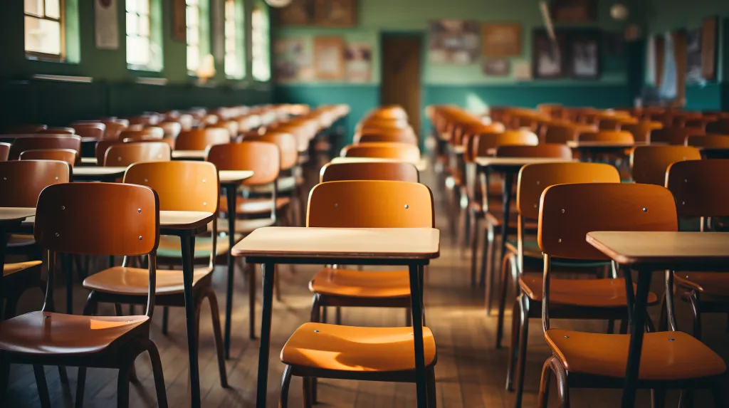 Illustration of an empty vintage classroom with rows of wooden desks and chairs.