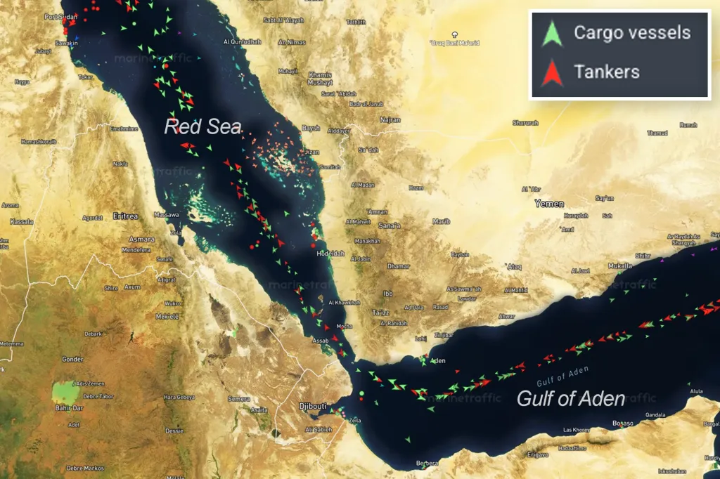 Satellite map showing cargo vessels and tankers in the Red Sea and Gulf of Aden.