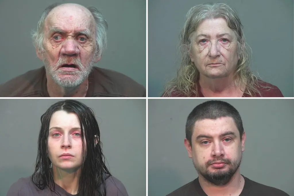 Collage of booking photos for Gary Siders Sr., Christina Siders, Elizabeth Siders, and Gary Siders II.