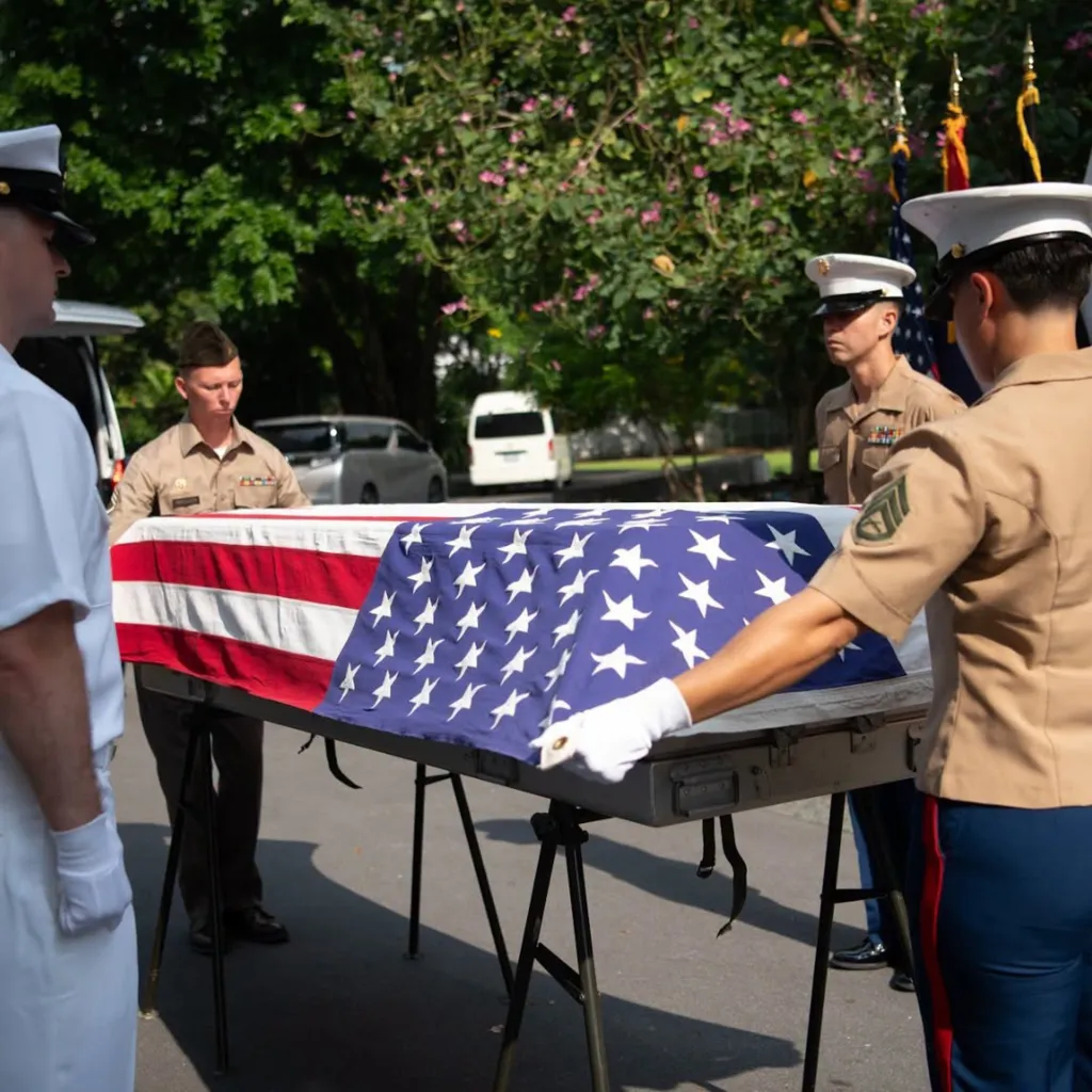Military personnel standing around a flag-draped coffin.