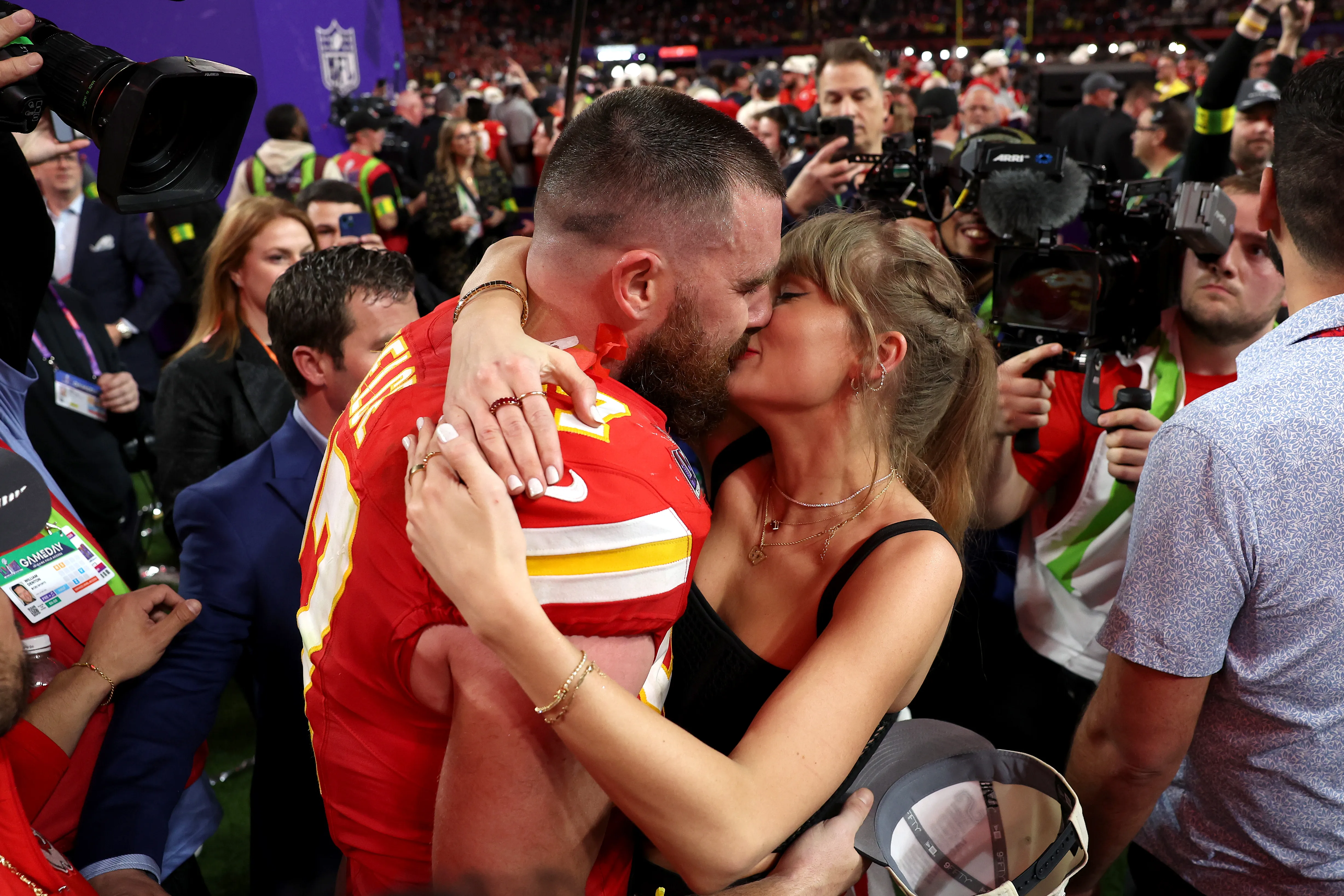 Travis Kelce and Taylor Swift at the 2024 Super Bowl