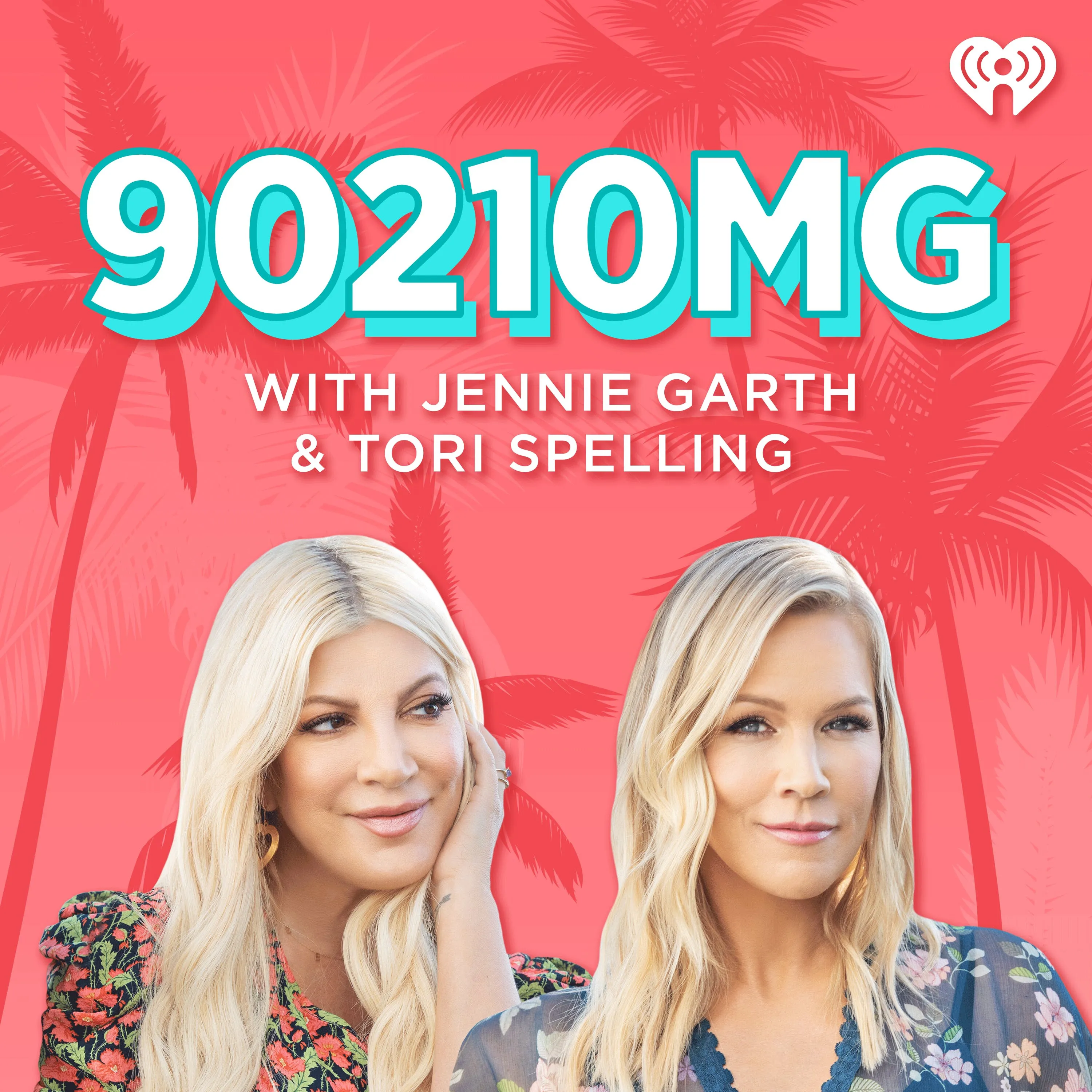 Illustration of the "9021OMG Podcast" with Jennie Garth and Tori Spelling, featuring the two women below the podcast title on a coral background with palm tree silhouettes.